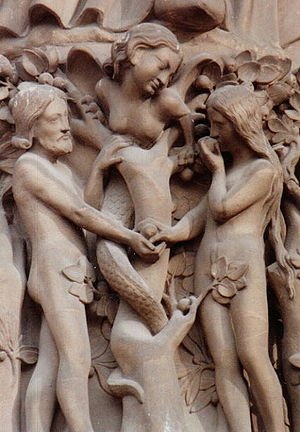 Adam, Eve, and the (female) serpent at the ent...